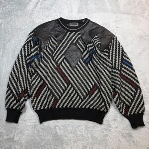 Vintage Saxony Leather Patch Sweater Mens L Black Geometric Knit Pullover 80s
